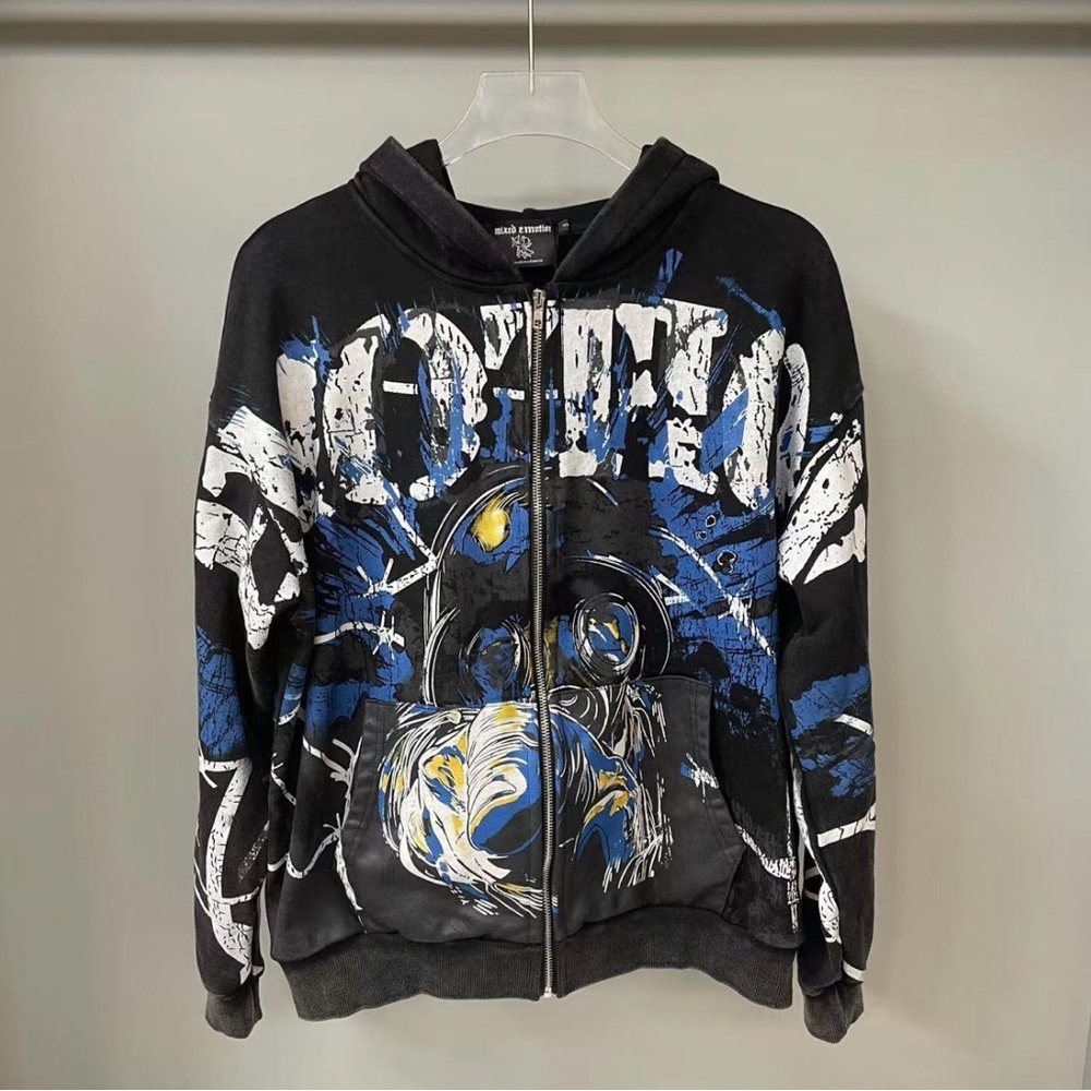 Mixed emotions Edgy Black Hoodie with Blue and White Graphics